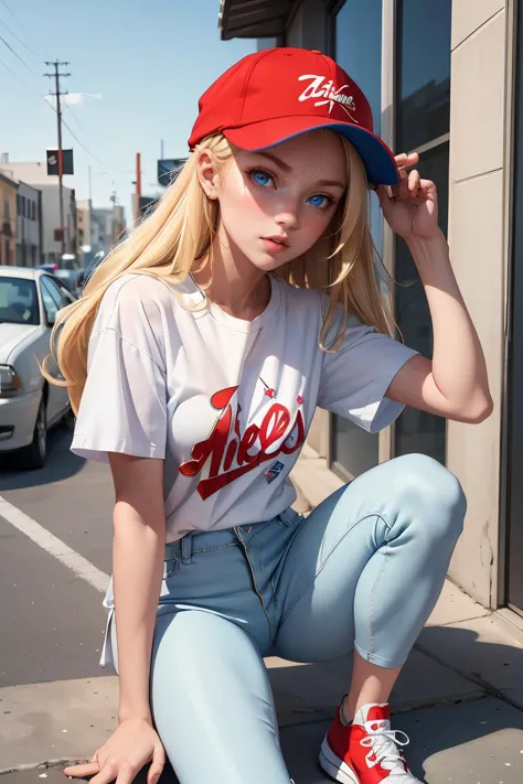 arafed blonde woman in a red and white baseball cap and blue jeans