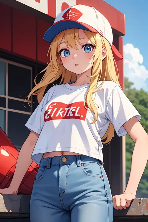 anime girl in a white shirt and blue jeans standing in front of a red truck