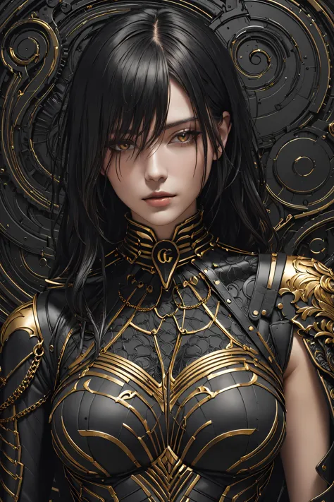 a close up of a woman in a black and gold outfit