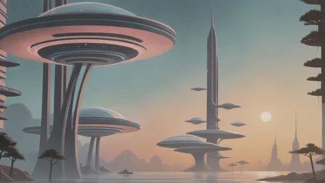 futuristic city with a lot of flying saucers and trees