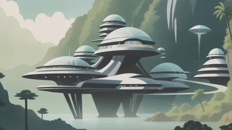 there are many futuristic buildings in the middle of a mountain