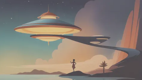 spaceship flying over a woman standing on a rock in the ocean