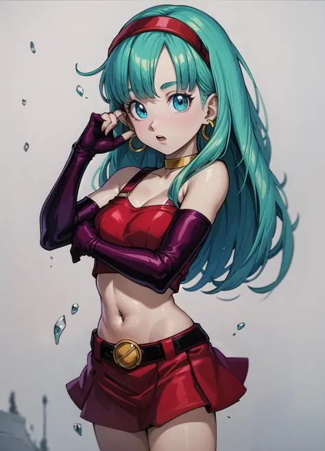 masterpiece, best quality, highest quality,  perfect anatomy, perfect face, perfect eyes,
<lora:bradbgt_ex_02:0.9>,  aqua hair, brabulladbgt, red hairband, red gloves, blue eyes, skirt, hoop earrings, choker, sexy pose