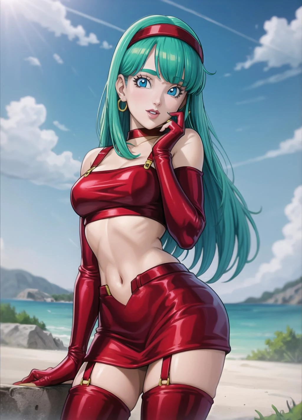 masterpiece, best quality, highest quality, photorealistic, perfect anatomy, perfect face, perfect eyes, 
 aqua hair, brabulladbgt, red hairband, red gloves, red crop top,  blue eyes, skirt, hoop earrings, choker, 1girl, outdoors, sexy pose