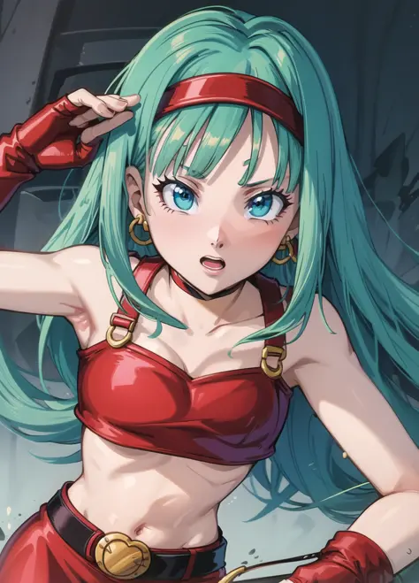 masterpiece, best quality, highest quality,  perfect anatomy, perfect face, perfect eyes,
<lora:bradbgt_ex_02:0.9>,  aqua hair, brabulladbgt, red hairband, red gloves, blue eyes, skirt, hoop earrings, choker, sexy pose