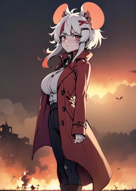 (1 girl), ((mousey)),mouse ears, hair ornament, long greatcoat, greatcoat covering legs, dirty greatcoat, high collar, jackboots, (huge breasts), (mature woman), (looking at viewer), looking with contempt, half a turn, holding a long sword covered with blood, long sword, sword, blood, ambience, gray atmosphere, mud, heavy clouds, autumn, field, field with dead crops, dead crops, fire in background, burning houses, village,  