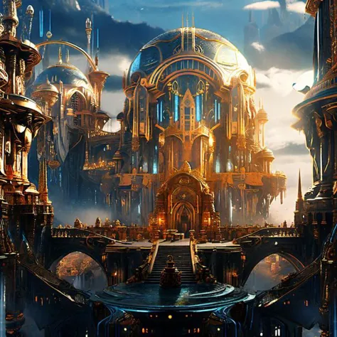 ((masterpiece)), ((best quality)), 8k, high detailed, ultra-detailed, science fiction, fantasy, buildings, <lora:AetherPunkAI:1>