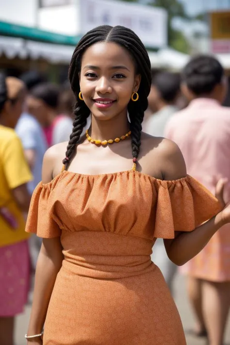 araffe woman in orange dress with braids and a smile