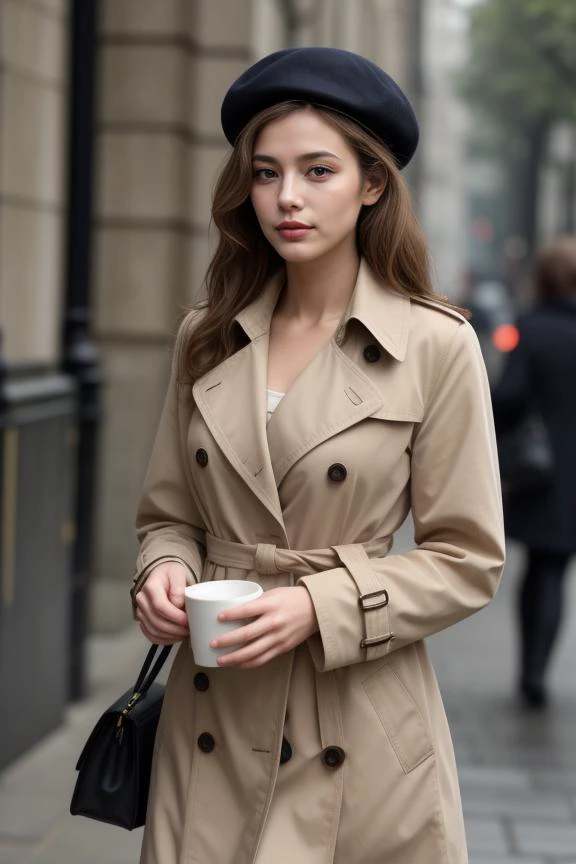 "Craft an image of a woman in a classic trench coat on a misty morning in London. She holds a cup of coffee, her gaze distant. She wears light makeup, and her hair is styled in soft waves under a beret."