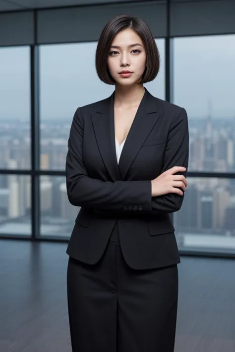 "Produce a realistic image of a woman in a formal business attire, in a high-rise office overlooking the city. Her pose is power...