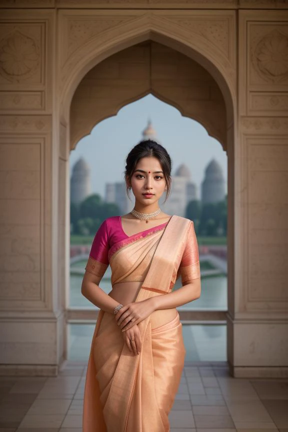 "Generate an image of a woman in a full traditional Indian sari in front of the Taj Mahal. Her pose is graceful and poised, the sariâs colors vibrant against the historic backdrop. Her makeup is traditional, with a focus on her eyes, and her hair is styled in an elegant bun adorned with jasmine flowers."