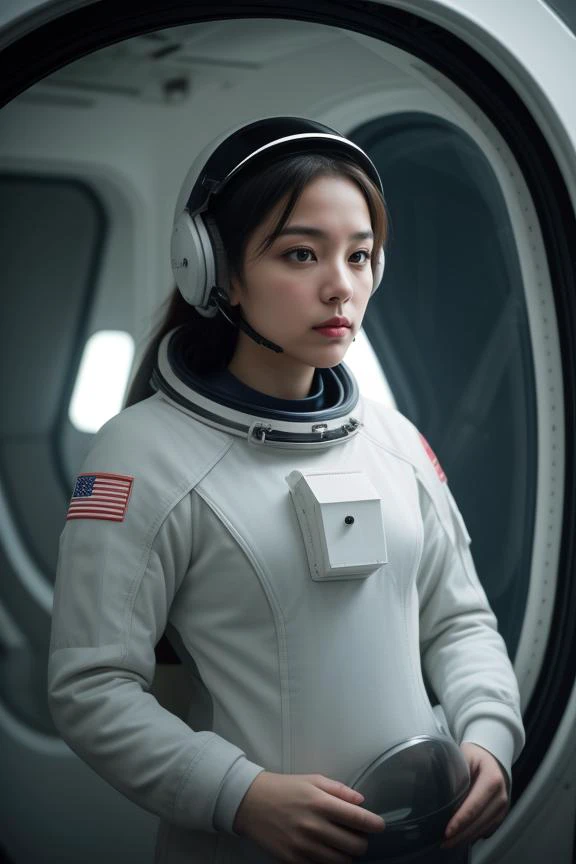 "Craft an image of a woman in a sleek astronaut suit, inside a spacecraft. She looks out a porthole, her expression one of awe and wonder. The makeup is minimal, and her hair is tightly secured under the helmet, focusing on the details of the spacecraft interior."