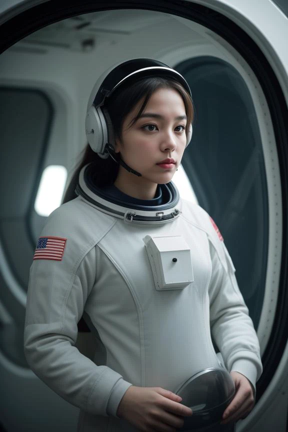 "Gestalten Sie das Bild einer Frau in einem eleganten Astronautenanzug, im Inneren eines Raumschiffs. Sie schaut aus einem Bullauge, ihr Gesichtsausdruck war voller Ehrfurcht und Staunen. Das Make-up ist minimal, und ihr Haar ist fest unter dem Helm befestigt, Fokussierung auf die Details des Raumfahrzeuginneren."