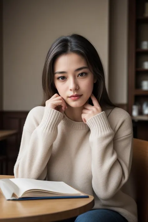 "Craft an image of a woman in a cozy sweater and jeans, in a quaint café. She reads a book, her expression serene. She wears subtle makeup, and her hair is in a casual half-up style."