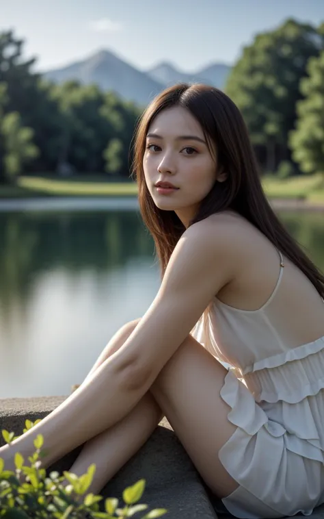 (scenic outdoor lake setting), (sunlit pier), young adult woman, casual summer fashion, ((dipping legs into the lake)), relaxed pose, breezy hairstyle, subtle makeup, (lightweight fabric, flowing dress), nature-inspired colors, serene expression, (background: lush greenery, distant mountains), warm afternoon light, (sense of tranquility and connection with nature) (Style of Golden Ratio:1.5),(Layered Depth, Parallax Effect, Soft focus foreground:1.4),(Full Length [fantasy:realism:0.75] Art Portrait:1.3),(cinematic establishing shot, highly detailed background:1.2),volumetric lighting,subsurface scattering,dynamic pose,(special effects, color grading, fantasy aura)