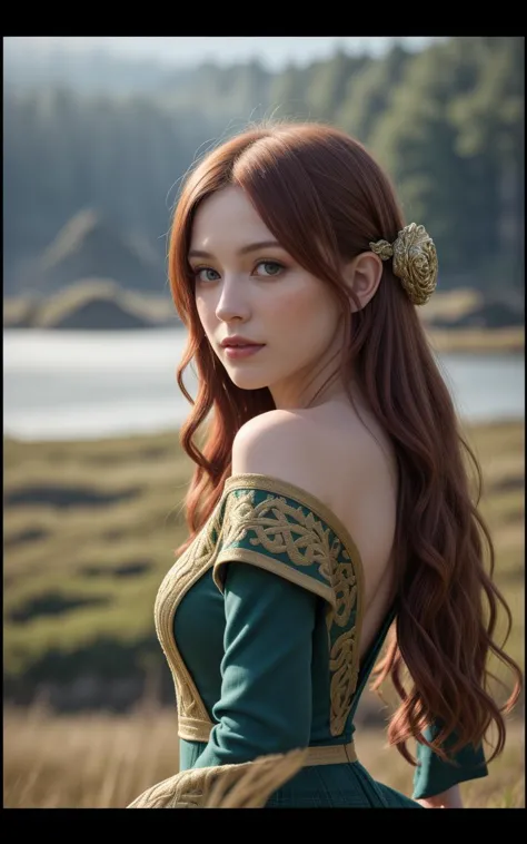 outdoor Scottish highlands, vivid sunset hues, fantasy setting. A striking redhead woman, (distinctly Scottish), wearing an elaborate elven inspired gown is a fusion of deep emerald green and earthy browns, with intricate Celtic knotwork embroidery in gold thread, Flowing sleeves, a fitted bodice+, short skirt , fiery red hair is styled in a cascade of loose curls, green eye, stands atop a grassy knoll, overlooking a misty loch. In her hands, she holds an ancient, rune carved staff, emanating a soft, other worldly glow., (Style of Golden Ratio:1.5),(Layered Depth, Parallax Effect, Soft focus foreground:1.4),(Full Length [fantasy:realism:0.75] Art Portrait:1.3),(cinematic establishing shot, highly detailed background:1.2),volumetric lighting,subsurface scattering,dynamic pose,(special effects, color grading, fantasy aura)