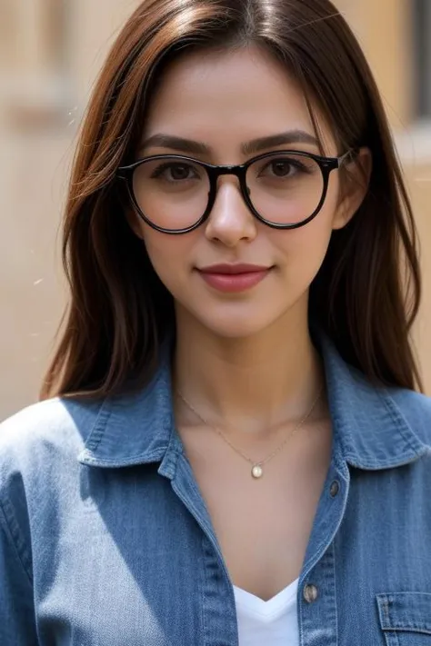 a woman wearing glasses and a denim shirt