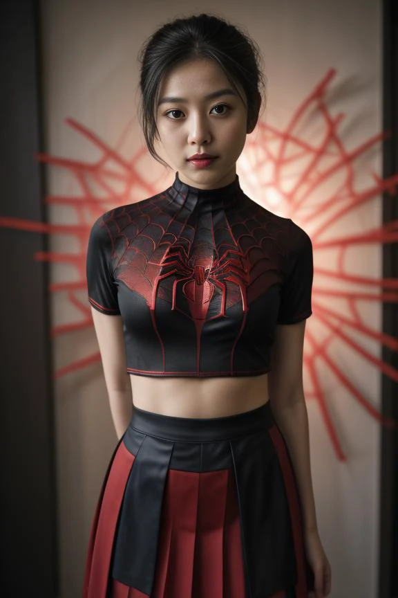 red spider woman costume, skirt, crop shirt, spider symbol