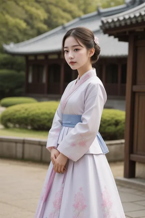 "Create a detailed image of a woman in a traditional Korean hanbok, in a historic palace garden during spring. She stands demure...