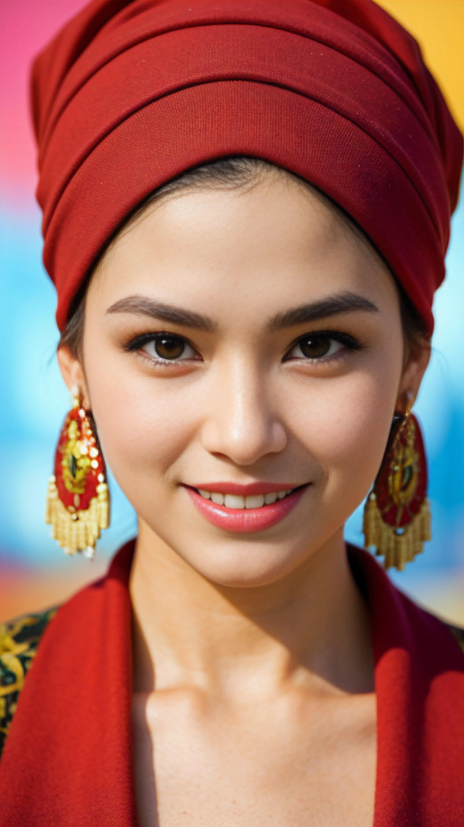 mulher, olhos brilhantes, expressão animada, Headwrap colorido, padrões dinâmicos, brincos elegantes, sorriso caloroso, recursos de destaque de maquiagem, orgulho cultural, vibração feminina, moda detalhada, presença envolvente, arte de retrato, foco ousado e bonito.