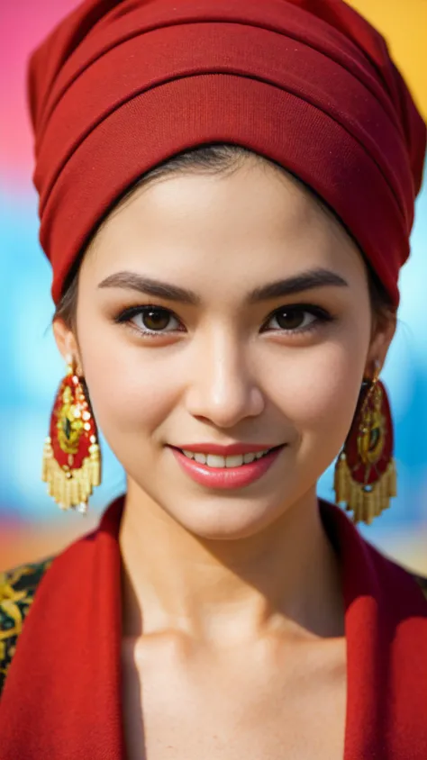 Woman, sparkling eyes, lively expression, colorful headwrap, dynamic patterns, stylish earrings, warm smile, makeup highlighting...