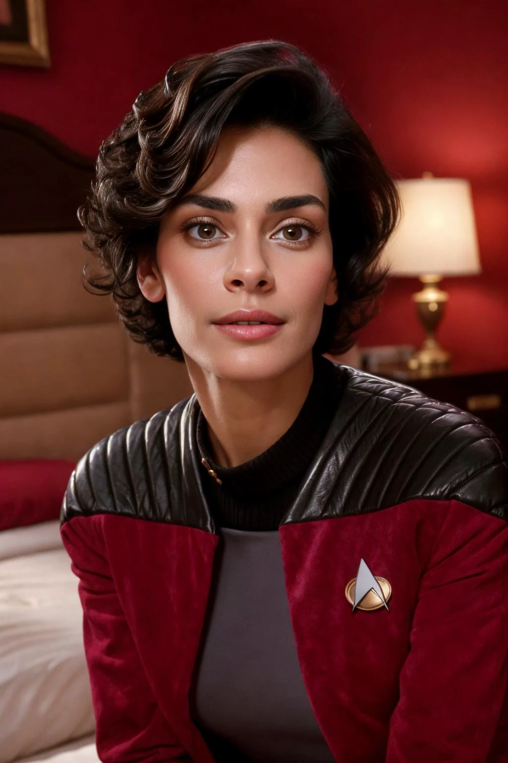 Ultra-realistic 8k CG, masterpiece, best quality, (photorealistic:1.4), absurdres, extremely detailed, real hair, life-like,
((room setting)), ((bedroom)), ((detailed face, big chin)), ((detailed eyes)),
beautiful latino woman with short black hair wearing a red cptvrn jacket on a bed,pinup pose 