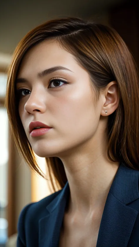 Woman, focused eyes, pursed lips, contemplative expression, detailed hair strands, professional attire, muted colors, defined makeup, thoughtful presence, strong character emphasis, nuanced photography, narrative captured in subtleties, confidence portrayed.