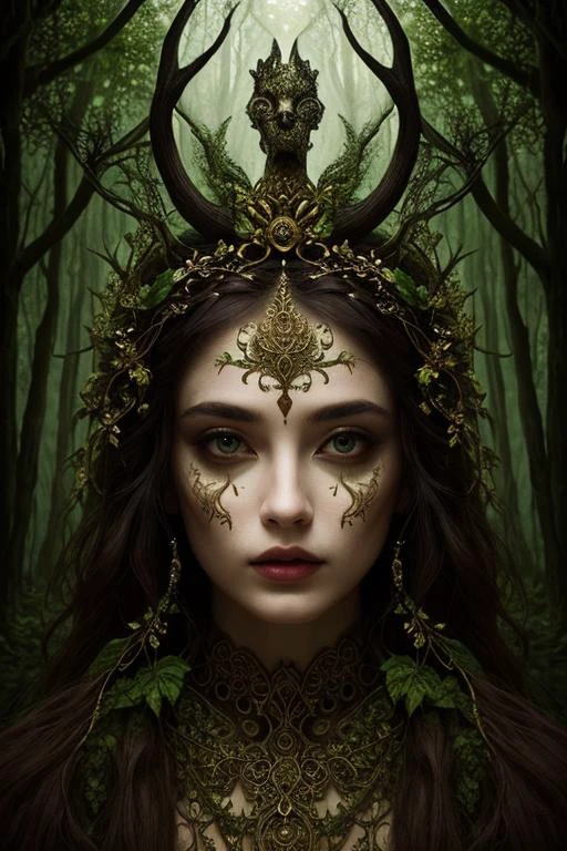 woman in a mythical forest, masterpiece, (perfect face), intricate details, horror theme