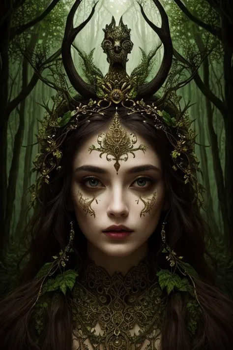 woman in a mythical forest, masterpiece, (perfect face), intricate details, horror theme