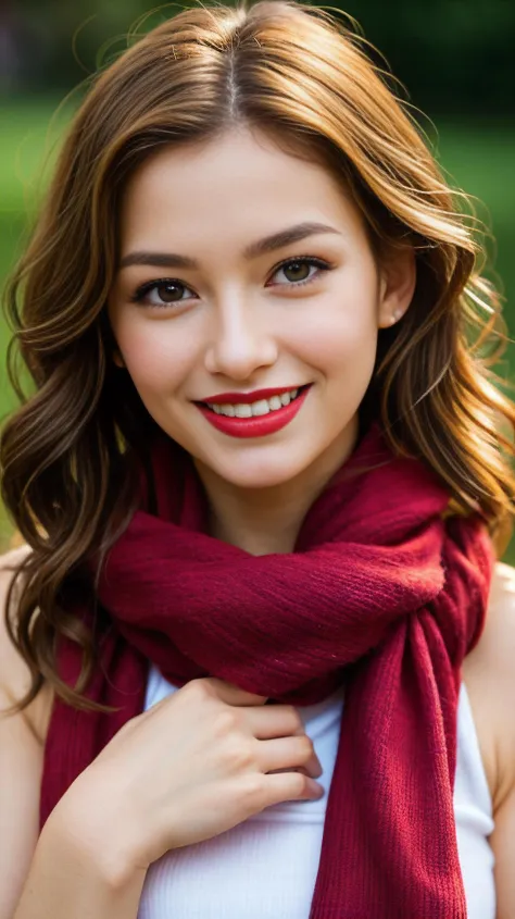 Woman, joyful eyes, vibrant smile, red lipstick, wavy hair delicately placed, colorful scarf, detailed textures, expressive face, natural lighting, makeup enhancing features, playful elegance, visual storytelling, feminine essence, fine photographic detail...