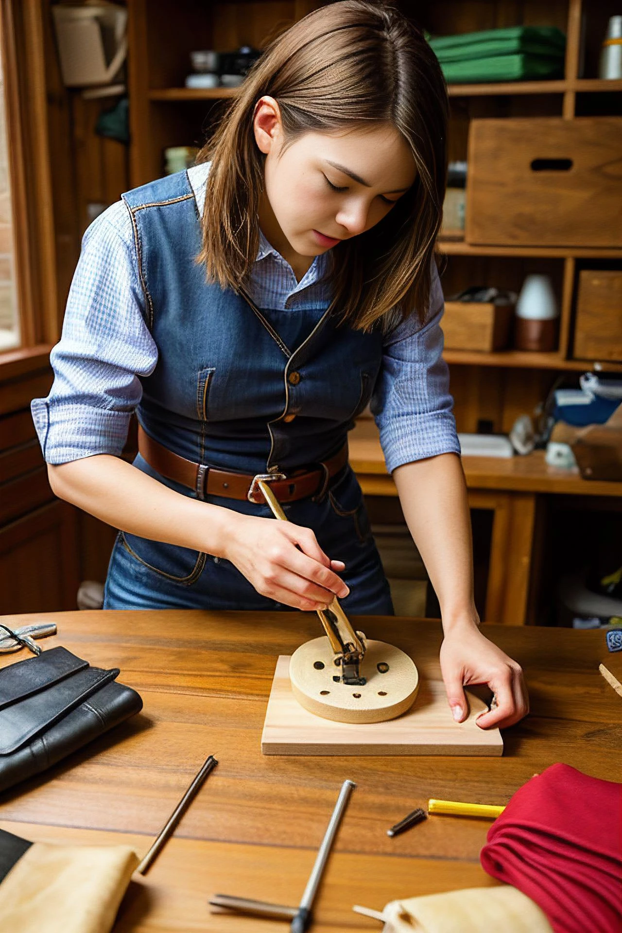 Leatherworker, rugged materials, hand tools, stitching threads, artisan belts, crafting bags, workshop smells, detailed embossing, durable creations, hands of skill, design patterns, vintage styles, custom fittings, tactile satisfaction, functional aesthetics, traditional techniques, leathercraft legacy, quality endurance.