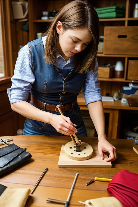Leatherworker, rugged materials, hand tools, stitching threads, artisan belts, crafting bags, workshop smells, detailed embossing, durable creations, hands of skill, design patterns, vintage styles, custom fittings, tactile satisfaction, functional aesthet...