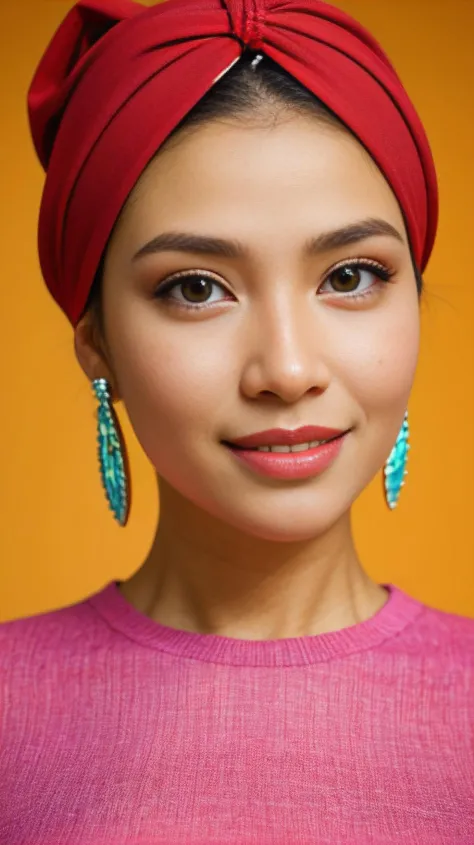 Woman, sparkling eyes, lively expression, colorful headwrap, dynamic patterns, stylish earrings, warm smile, makeup highlighting features, cultural pride, feminine vibrancy, detailed fashion, engaging presence, portrait artistry, bold and beautiful focus.