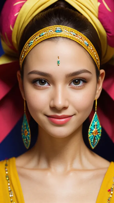 Woman, sparkling eyes, lively expression, colorful headwrap, dynamic patterns, stylish earrings, warm smile, makeup highlighting...