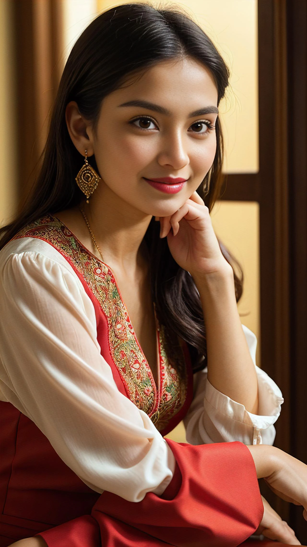Woman, mysterious eyes, tender smile, vivid lipstick, cascading hairstyle, embroidered blouse, subtle makeup, expressive gaze, detailed earrings, cultural attire, soft lighting, natural beauty enhanced, captivating presence, photographic finesse, warmth radiating, gentle charisma, portrait elegance.