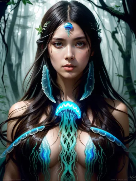 a very beautiful savage symmetric girl with many jellyfish embedded, fantastic forest, fantasy, ghosts, surrounded by roots, portrait, sharp focus, intricate, elegant, digital painting, artstation, matte, highly detailed, concept art, illustration, ambient...
