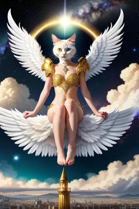 8k, Fluffy White Angel cat perched upon golden bejeweled tower in a heavenly utopian city, huge feathery angel wings, glowing nebula eyes, white flowing clouds, ivory armor with diamond gem inlay, trending on artstation, sharp focus, studio photo, intricat...