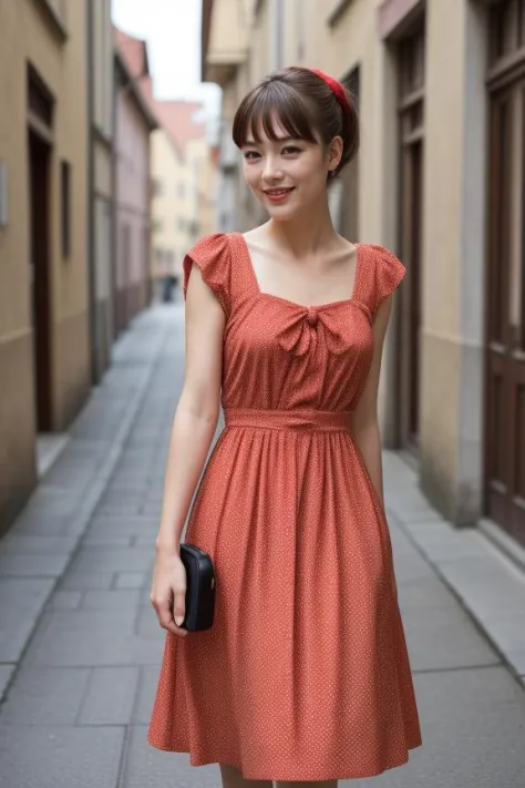 "Generate a realistic image of a woman in a vintage red polka dot dress, walking through an old European town. She carries a retro camera, her pose relaxed and cheerful. Light makeup complements her bright smile, and her hair is tied in a high ponytail."