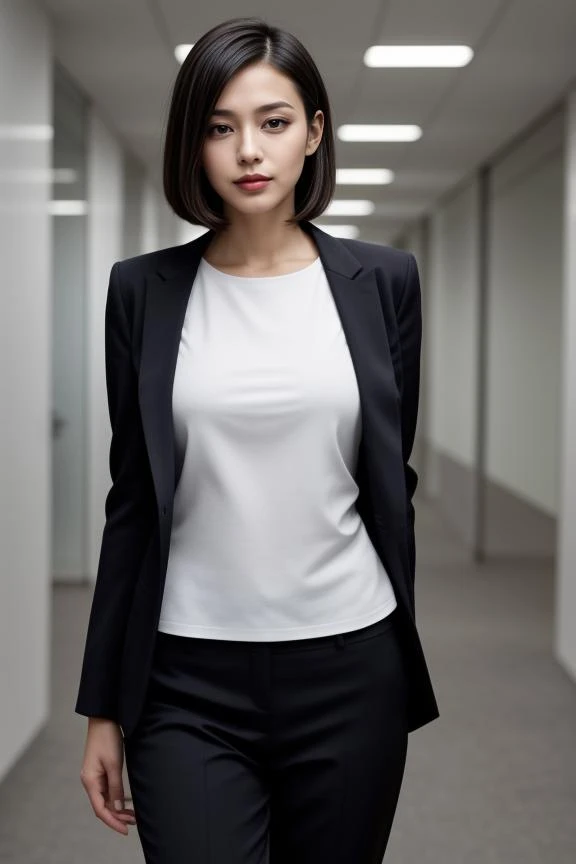 "Créez l&#39;image d&#39;une femme vêtue d&#39;un costume élégant, dans un environnement de bureau moderne. Elle se tient avec confiance, avec une main sur sa hanche. Son maquillage est professionnel et minimal, et ses cheveux sont coiffés en un carré soigné."