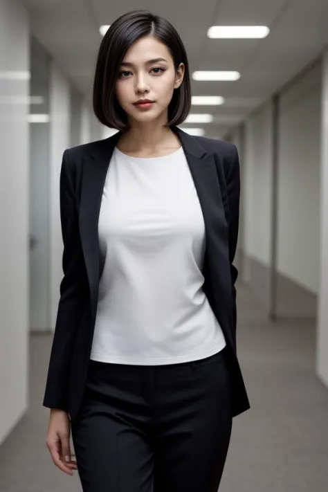 "Craft an image of a woman in a sleek business suit, in a modern office setting. She stands confidently, with one hand on her hip. Her makeup is professional and minimal, and her hair is styled in a neat bob."