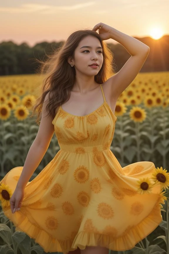 "Создайте изображение женщины в ярко-желтом сарафане в поле подсолнухов на закате в высоком разрешении.. Ее поза радостная, кружась среди цветов. Ее макияж естественный, с акцентом на ее сияющую кожу, и ее волосы свободно струятся."