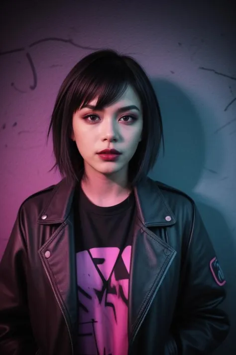"Generate an image of a woman in a neon-lit urban setting, wearing edgy streetwear. She leans against a graffiti wall, her pose relaxed. Her makeup is bold, with bright lipstick, and her hair is styled in a trendy cut."