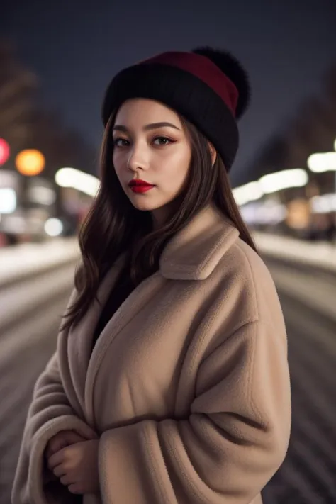 "Create an image of a woman in a luxurious fur coat on a snow-covered street in the evening. She looks over her shoulder, her eyes sparkling. Her makeup is bold, with dark red lipstick, and her hair is tucked into a stylish hat."
