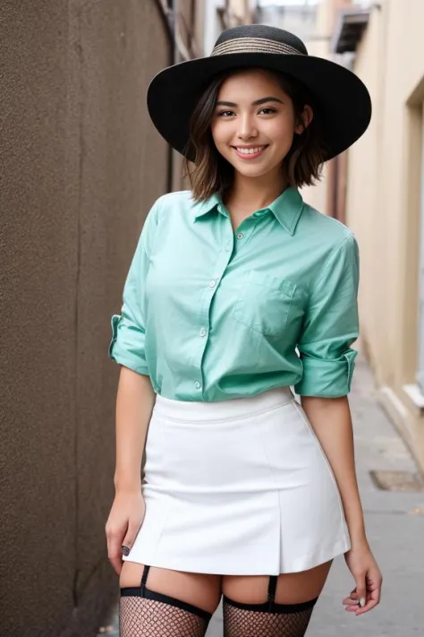 (Extremely Detailed gorgeous, smiling photo of a 20-year-old girl dressed in a green unbuttoned shirt, a short white skirt, black fishnet stockings, woven slides and a straw fedora hat. She poses in a nighttime back alley, the clothes accentuate her figure...