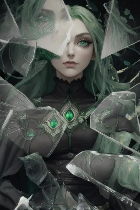 a woman with green hair and green eyes is standing in a shattered glass