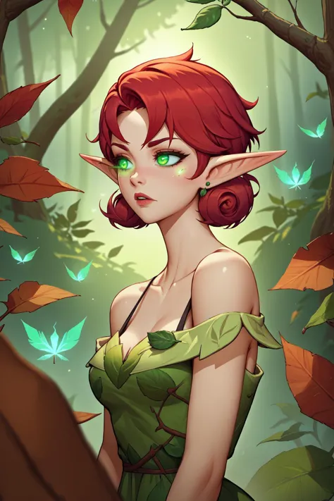 source_anime, score_9, score_8_up, 1girl <lora:NSPennyStardew:0.9> NSPennyStardew, green eyes, short hair, red hair, earrings, elf, forest background, glowing eyes, off-shoulder, leaf dress, sleeveless