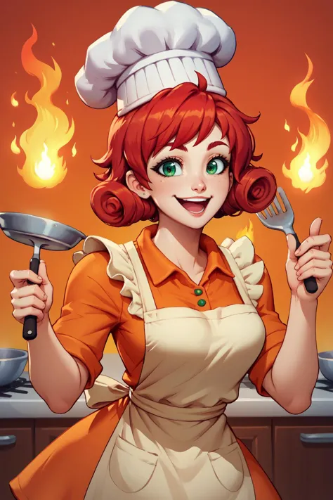 a woman in an apron holding a spatula and a frying pan