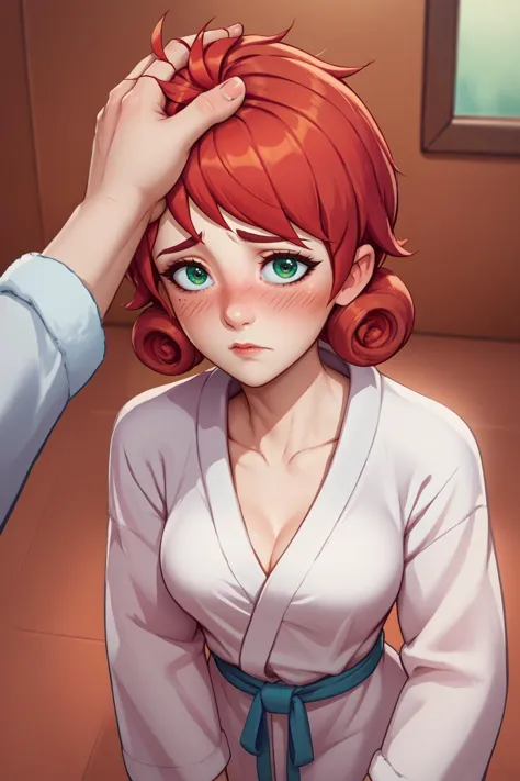 a woman with red hair and a white shirt is touching her head