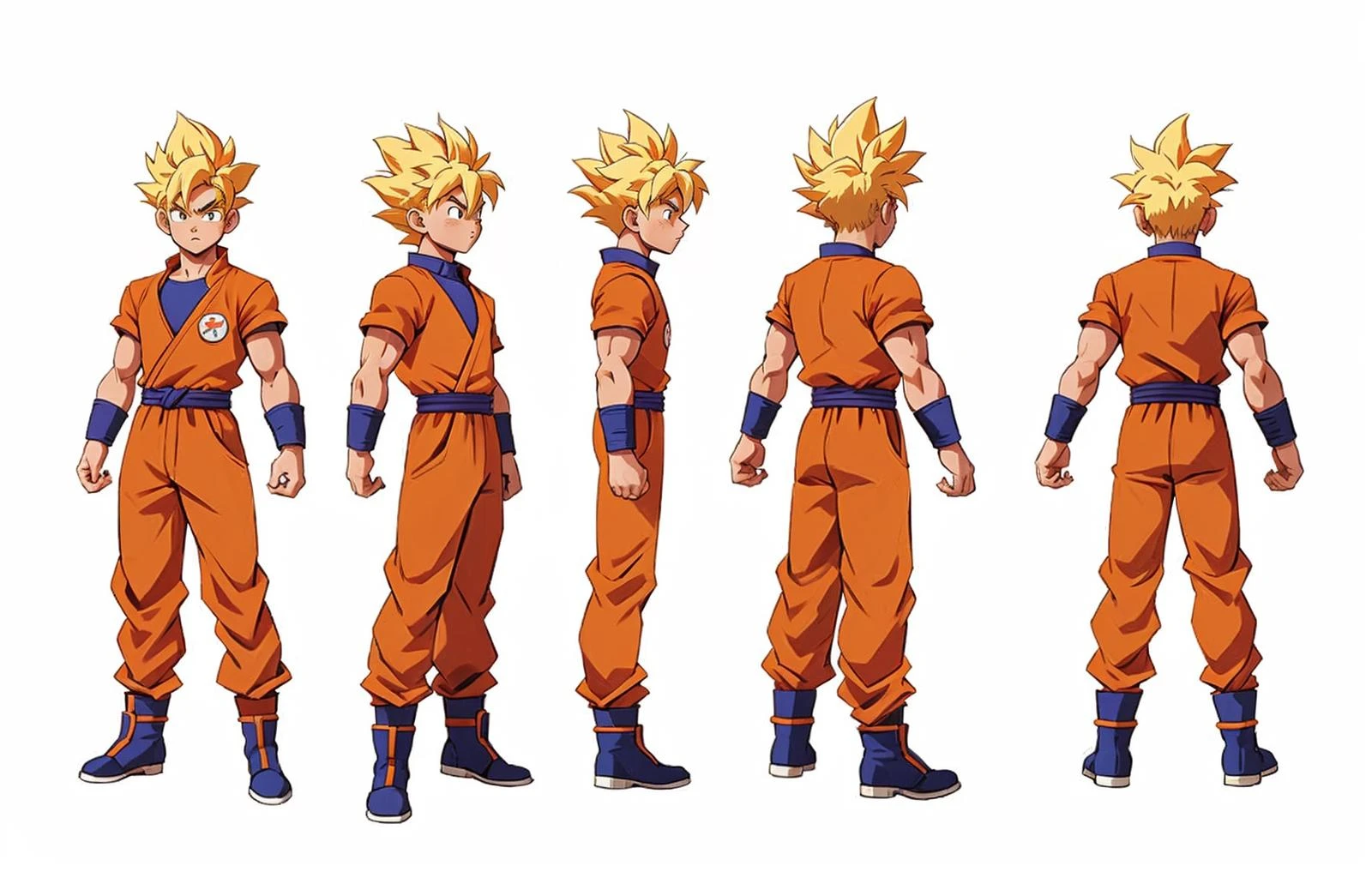 Multi view, front view, front view, side view, rear view, concept art, 1boy, male focus, solo, blonde, super saiyan, full body, white background, spiked hair, boots, exercise suit, standing, simple background, muscle, wristband, goku, orange jumpsuit, hands clenched, arms sides, super saiyan 1, belt, blue footwear