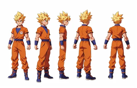 Multi view, front view, front view, side view, rear view, concept art, 1boy, male focus, solo, blonde, super saiyan, full body, ...